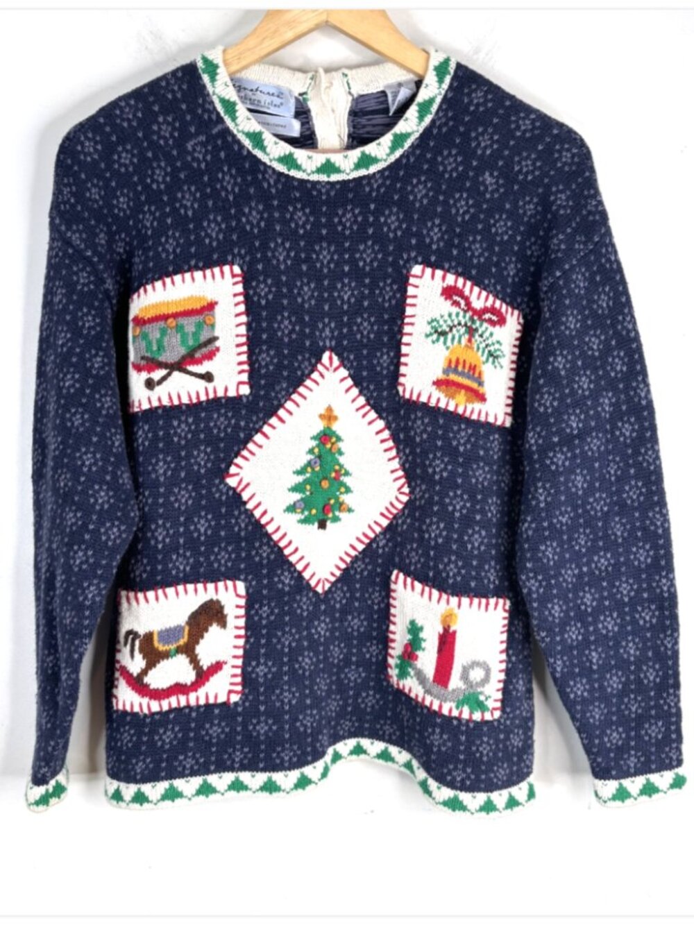 VTG 90s Christmas Sweater M Patchwork Embroidered Rocking Horse Granny Cottage